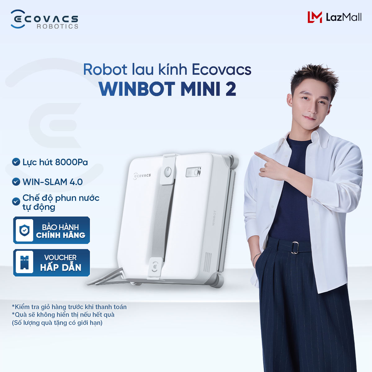 Ecovacs Winbot Mini 2 Glass Cleaning Robot - Maximum Suction Power 8000Pa - Win-Slam 4.0 - Protection during 30 Minutes of Power Outage - 12 Months Warranty