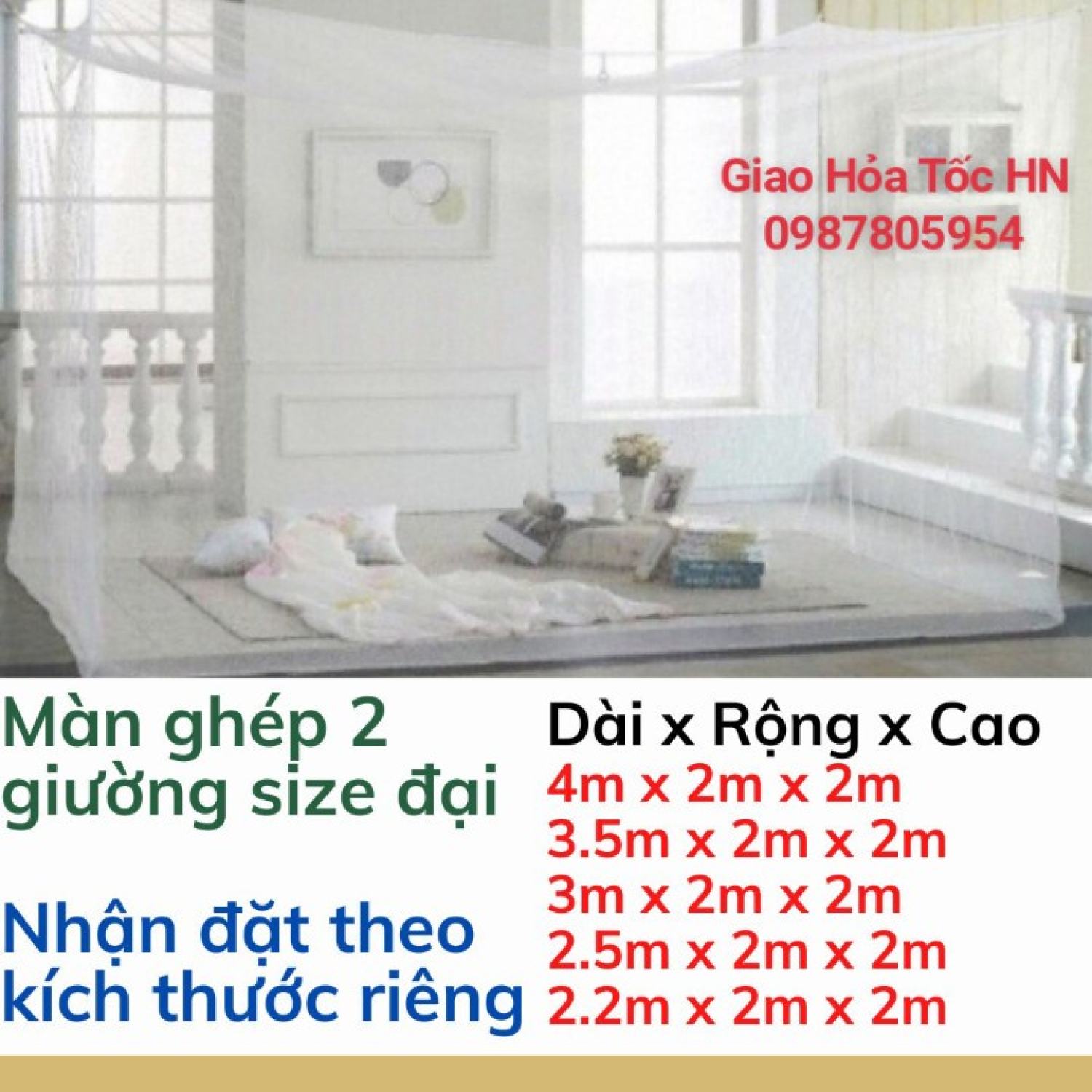 Màn 10/10 ɡhép 2 giường đủ kích thước 4mx2m, 3.5mx2m, 3mx2m, 2.5mx2m, 2m2x2m - màn tuyn, mùng tuyn ɡhép giường không cửa