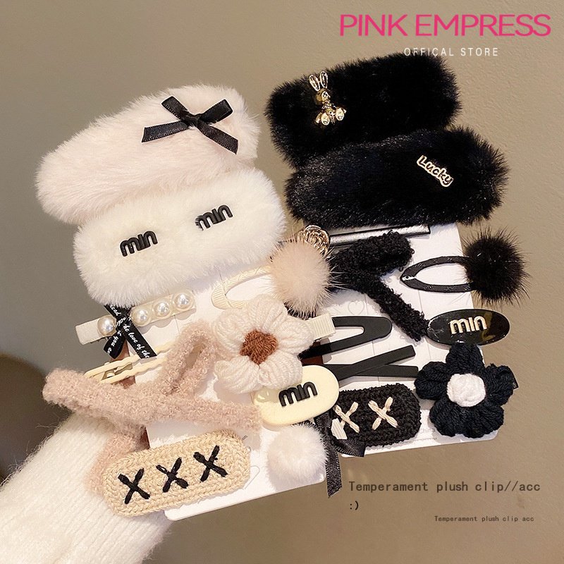 【PINK EMPRESS】Bộ Kẹp Tóc Lông Nhung Đính Nơ Thời Trang Cao Cấp Cho Nữ