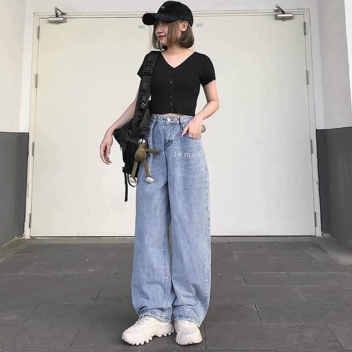 Quần jeans ống rộng nữ chất bò mềm - quần jeans nữ ống rộng cao cấp lưng cao dáng suông
