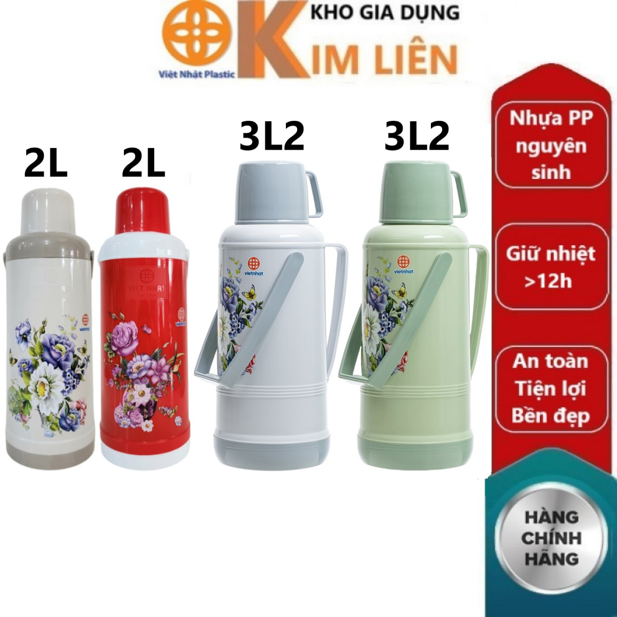 Phích bình thủy 2L, 3L2 nhựa VIỆT NHẬT - Ruột thủy tinh, giữ nhiệt nước nóng - Có vỏ thay - 3986+88