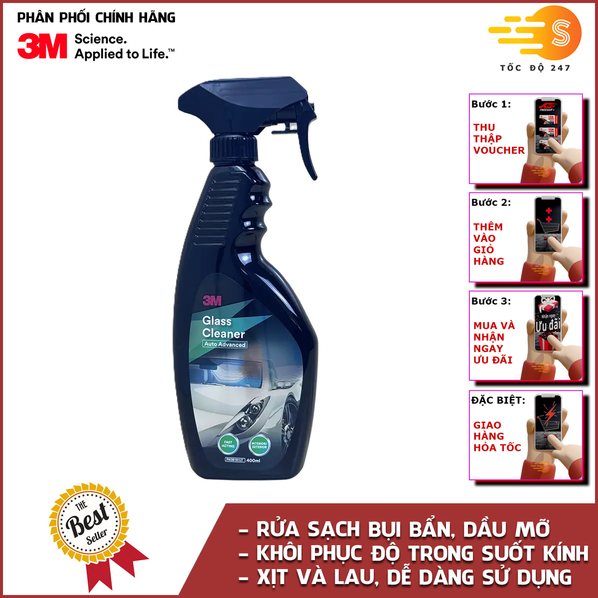 Chai xịt vệ sinh làm sạch kính, gương, đèn xe siêu sạch 3M PN38191LT 400ml - Rửa sạch vết bẩn, dầu mỡ, khôi phục lại độ trong suốt của kính