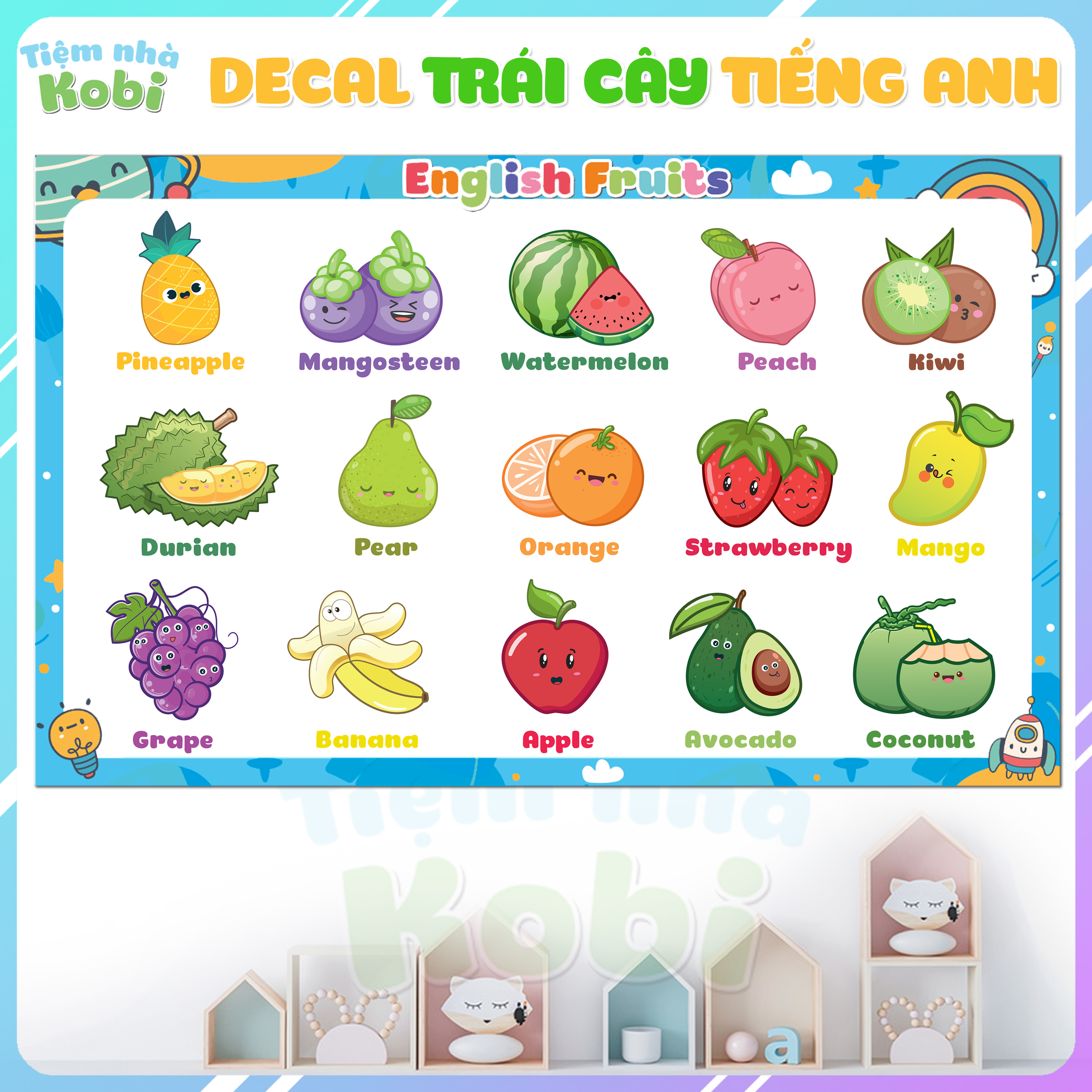 Decal trái cây tiếng anh dán tường - chữ số dán tường cho bé học tập