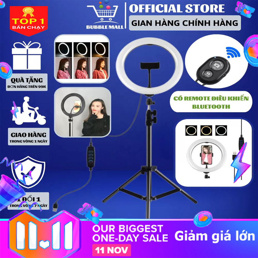 Đèn live stream 33cm chuyên dụng Đèn livestream 3 nguồn ánh sáng trắng tự nhiên vàng Thân hợp kim chắc chắn cao 2m tùy chỉnh độ cao BH 12 THÁNG