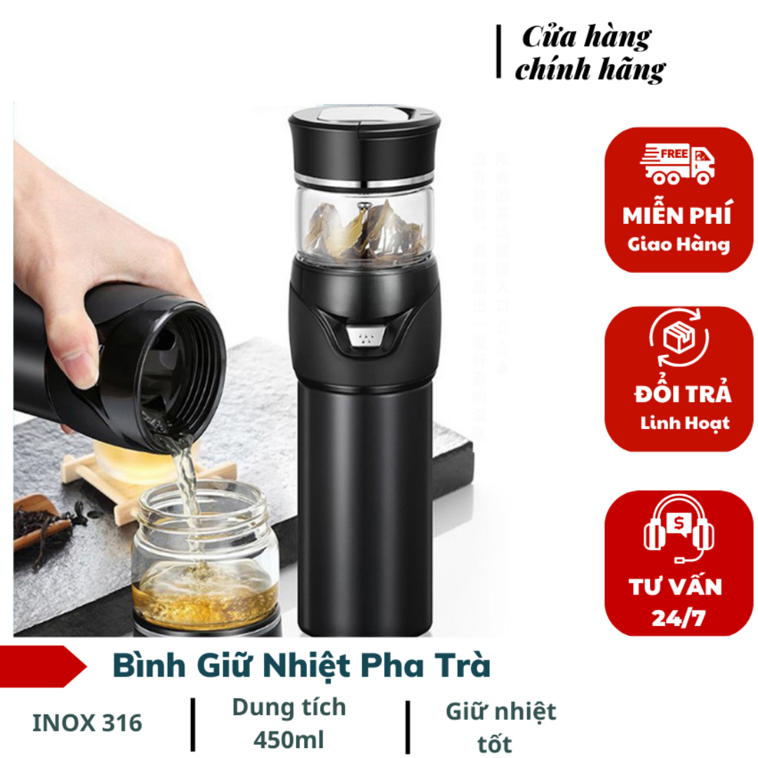 Bình pha trà kiêm bình giữ nhiệt - bình pha trà 450ml có lưới lọc công nghệ đức chất liệu inox thủy tinh, màng lọc thông minh tách rời, nút bấm thông minh - bảo hành 12 tháng toàn quốc