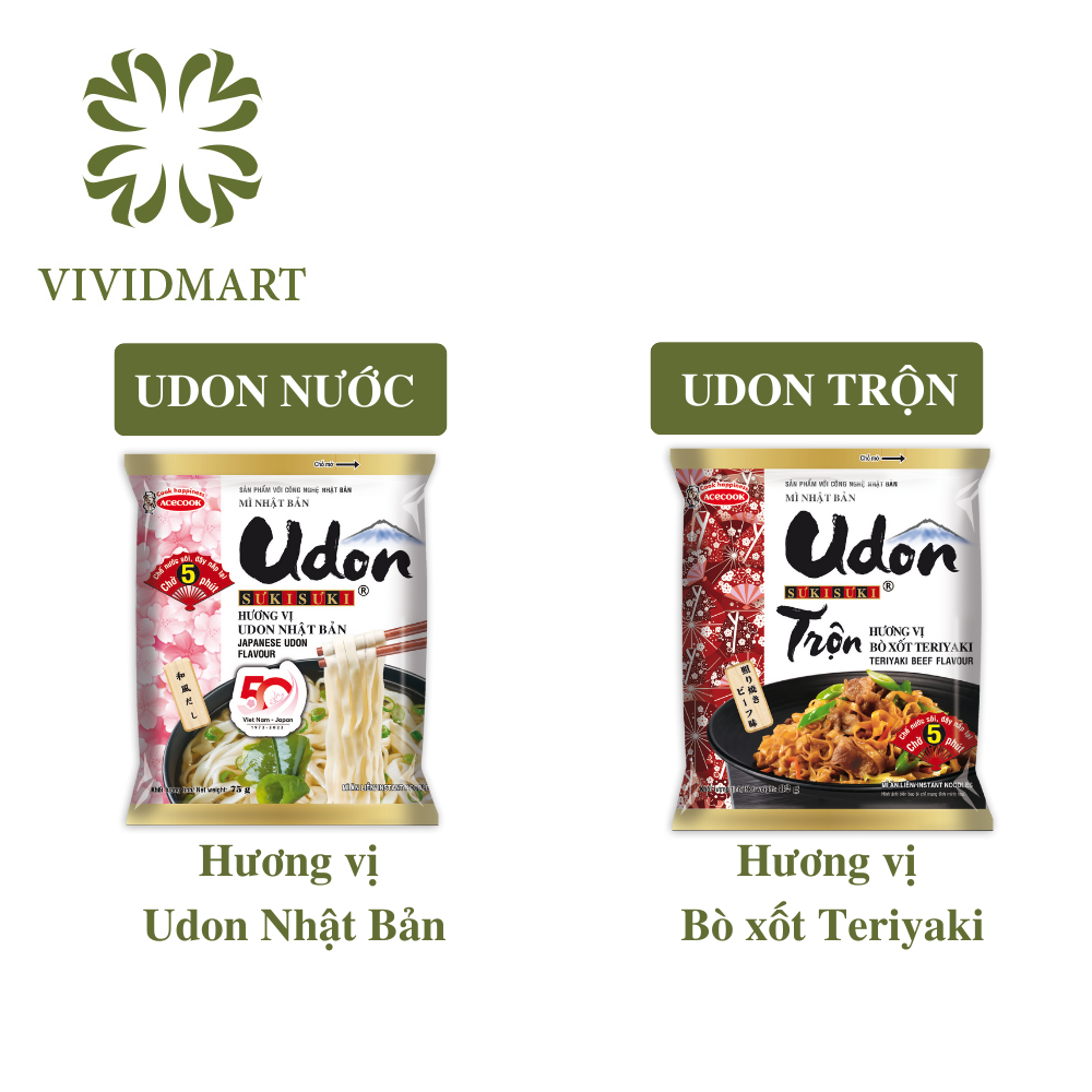 [GÓI LẺ] - ACECOOK - Mì Udon Sưkisưki 2 vị: hương vị Nhật Bản và Udon trộn vị bò xốt Teriyaki (75-82g/gói) - Udon Sưki Sưki công nghệ Nhật Bản - Udon trộn Sukisuki - Mì ăn liền Udon Sưki Sưki Nhật Bản sản xuất tại Việt Nam