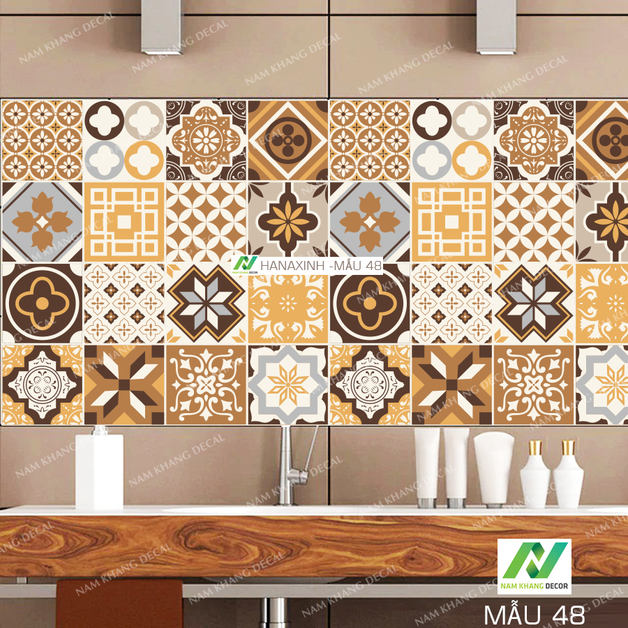 Decal gạch bông màu nâu phối vàng cam, KT 60x120cm decal trang trí bếp quầy tủ kệ... Mẫu 48