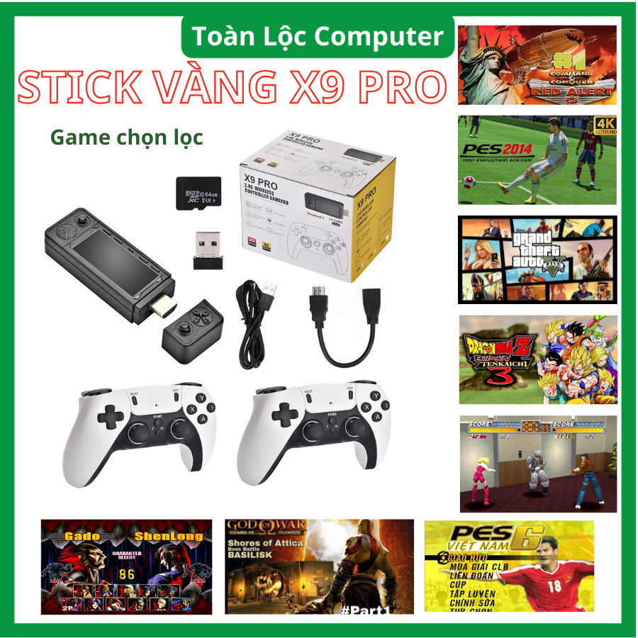 Máy Chơi Game Stick Vàng X9 PRO Chip S905 x 3 có 2 tay cầm Ram 2GB Có 40000 Game Cài Sẵn Độ Phân Giải 4K Nhiều Game Hót Bảo Hành 12 Tháng