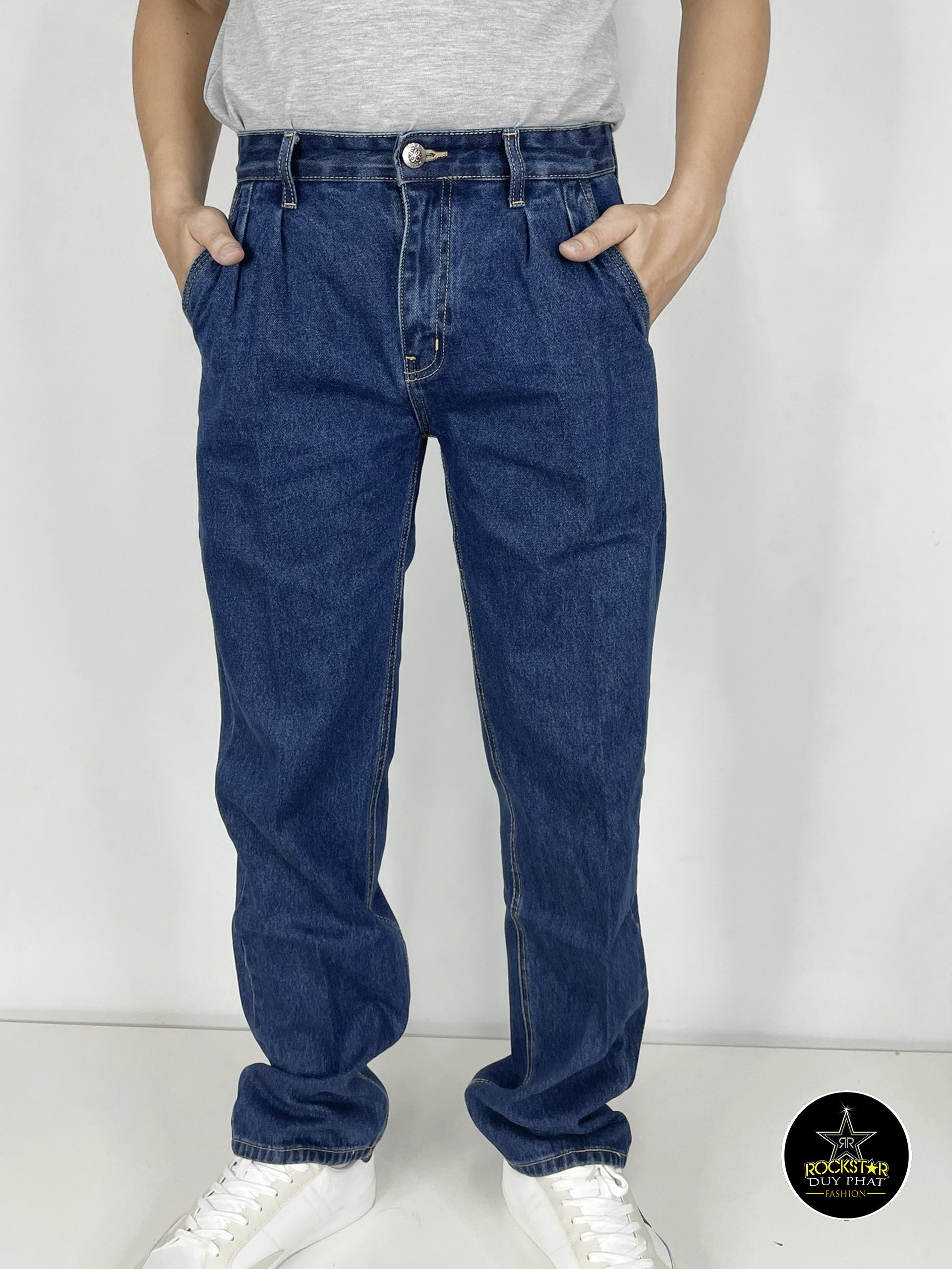 Quần jeans nam trung tuổi ống thụng túi chéo chất đanh giầy cổ điển không giãn