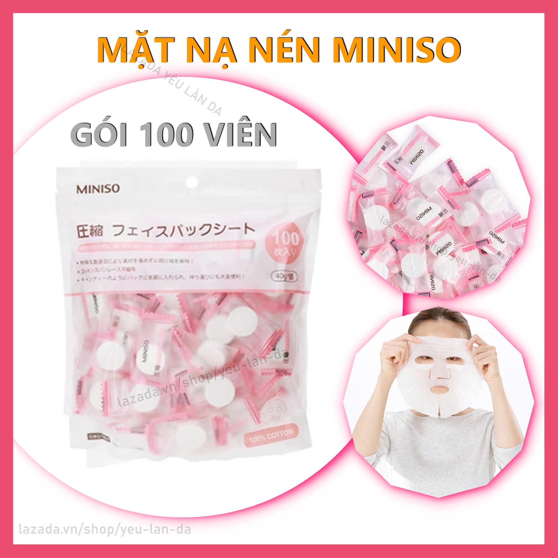 Túi 100 Viên mặt nạ giấy nén Miniso Nhật Bản dạng viên kẹo