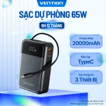 [4/4 - MUA 1 TẶNG 1] Vention Sạc Dự Phòng 20000mAh 65W PD QC4.0 - Dây Cáp Tích Hợp, Sạc Nhanh Type-C, 3 Cổng, Màn Hình LED, Đầy Đủ Laptop/Điện Thoại