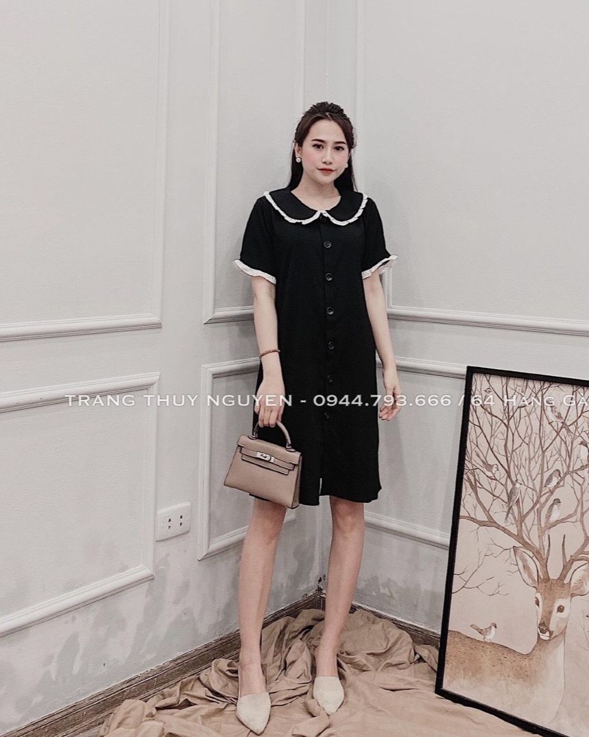 Váy bầu đầm bầu cộc tay phối viền cổ trắng dáng suông chất mát