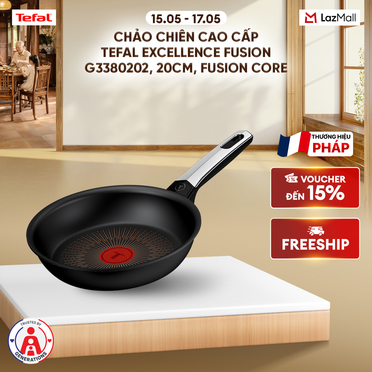Chảo chiên cao cấp Tefal Excellence Fusion G3380202, 20cm, Fusion Core