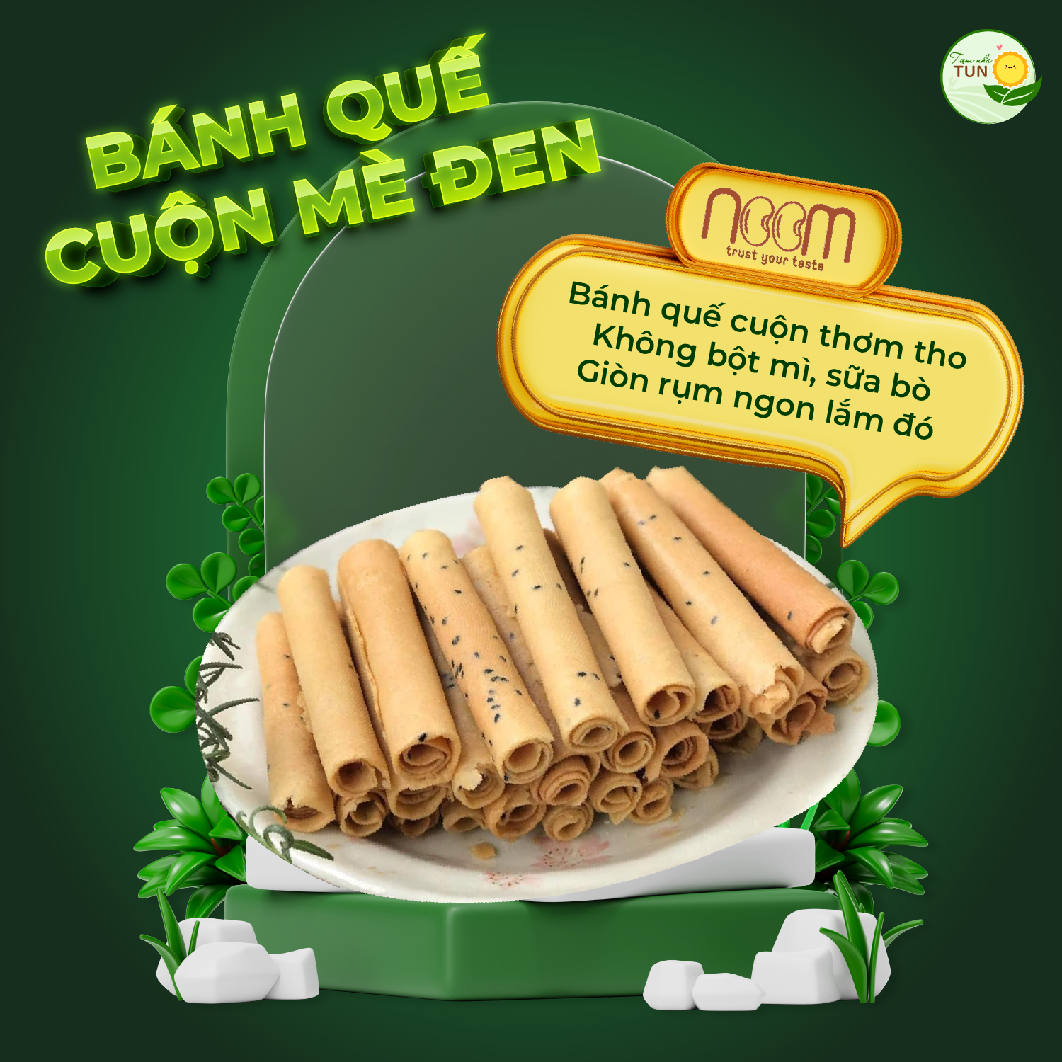 Bánh quế cuộn mè đen noom hộp 230g làm từ bột gạo hữu cơ sinh thái vườn rừng
