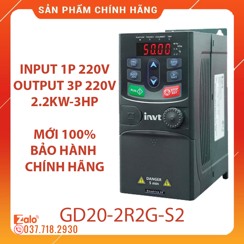 Biến tần invt vào 1 pha 220v pha ra 3 pha 220v 3hp 2.2kw - gd20-2r2g-s2