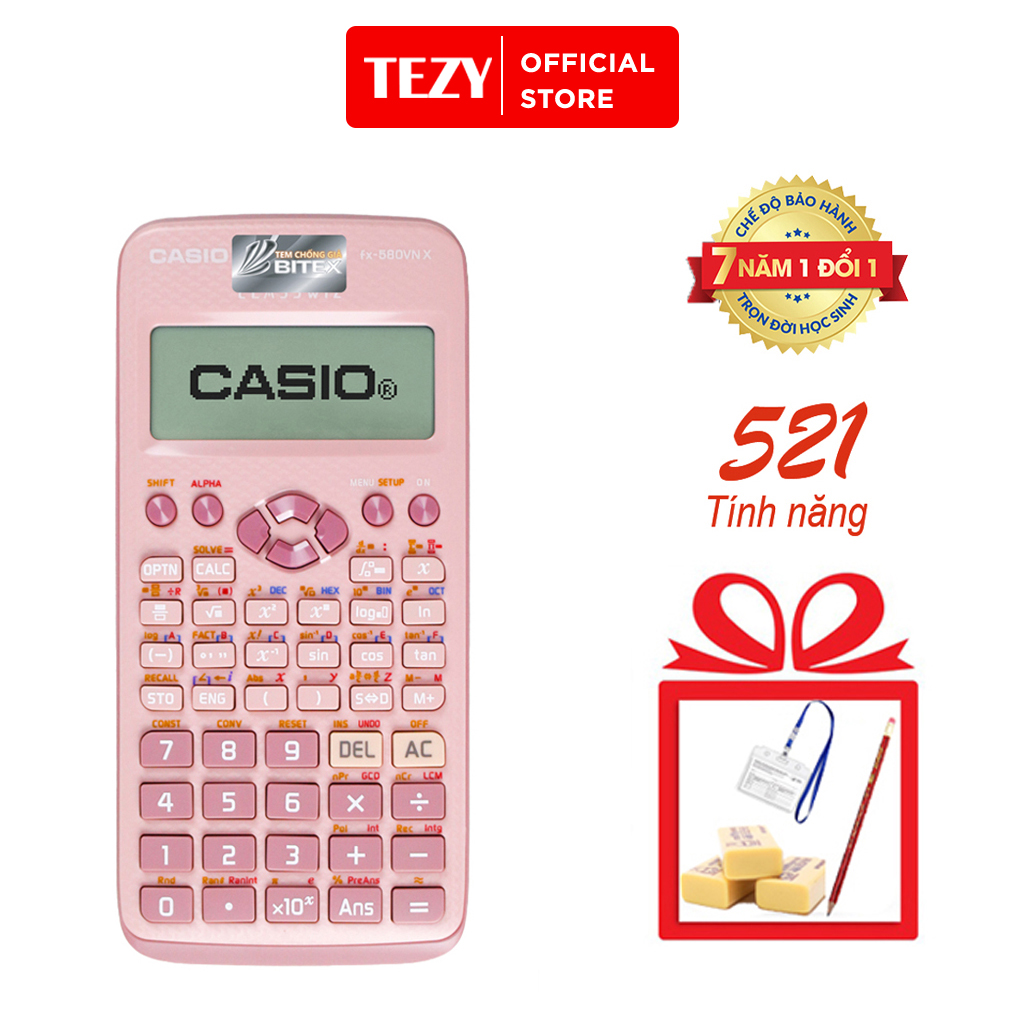 Máy tính casio fx 580vnx màu hồng nhập khẩu thái lan bảo hành bằng mã qr code tezybooks