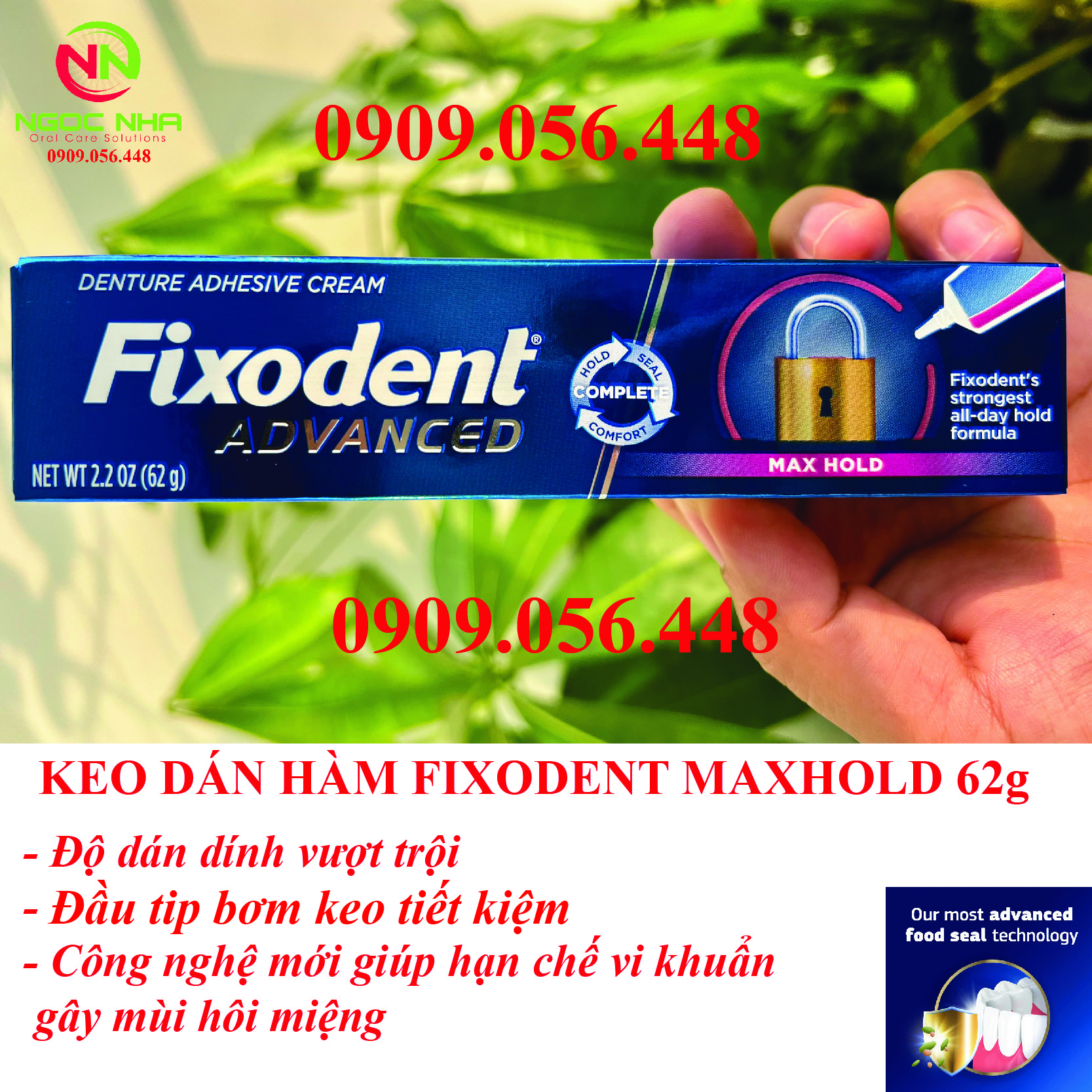 Keo dán hàm Fixodent Advance MaxHold 62g/ Mỹ