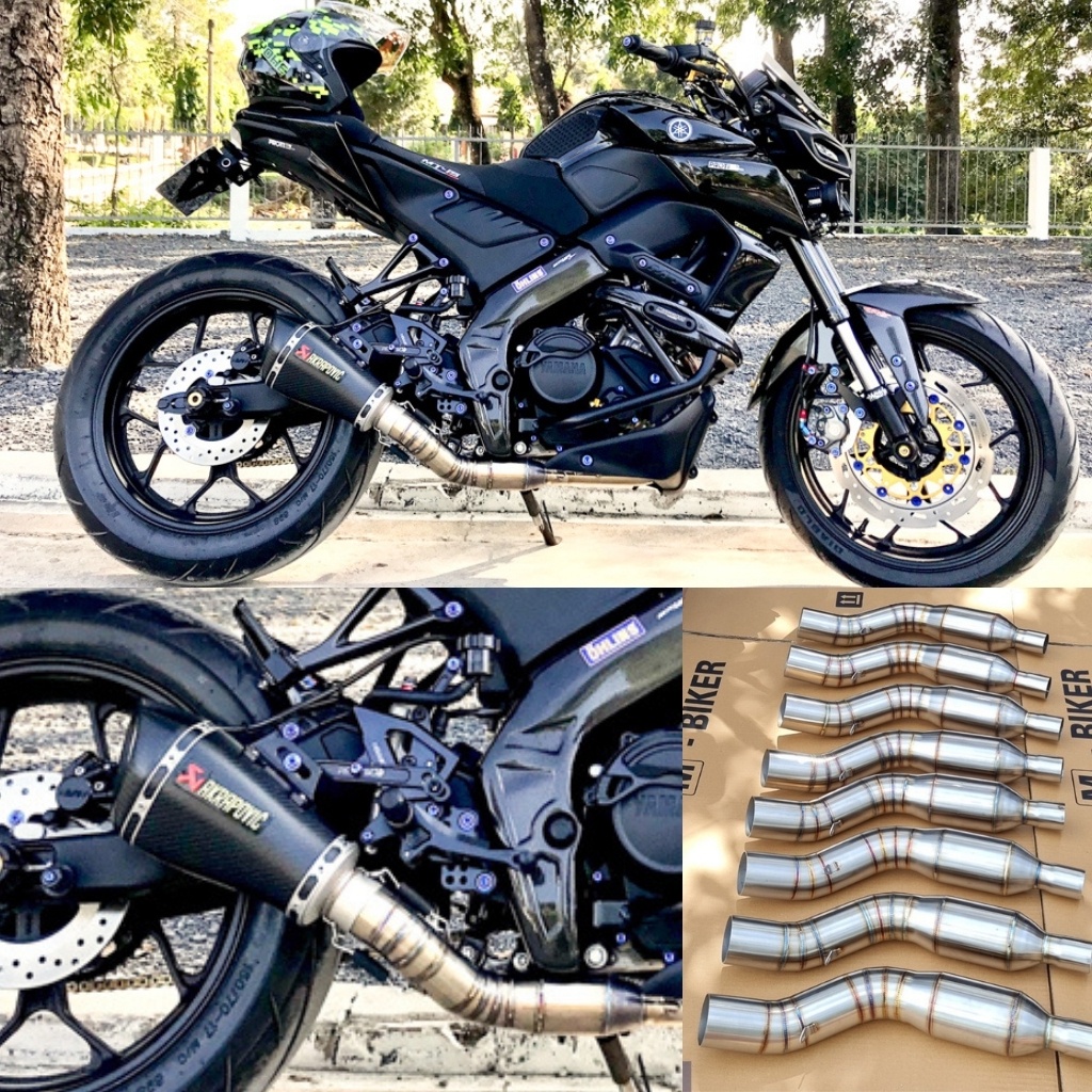 Cổ pô 2 khúc mt15, cổ bô bầu hơi xoắn bằng inox 304 dùng cho mt15 mbiker