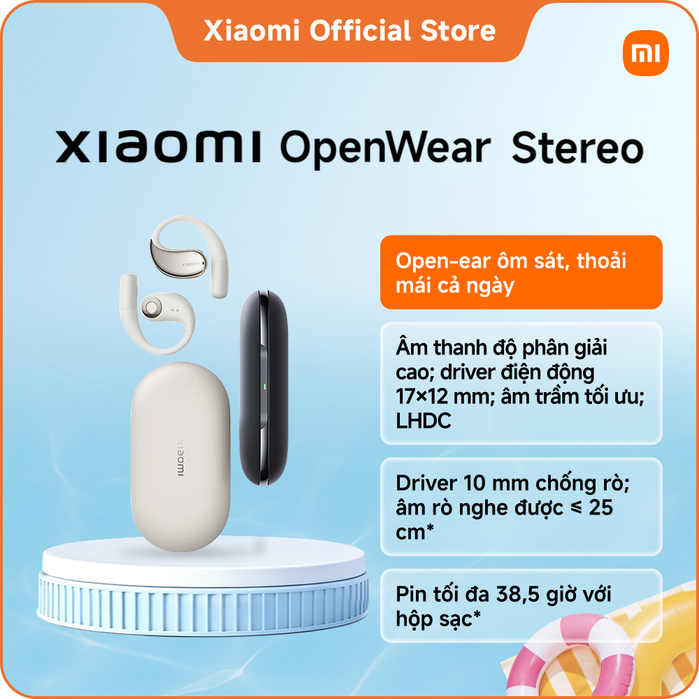 Xiaomi OpenWear Stereo | Thiết kế open-ear (đeo ngoài) vừa vặn ôm sát để thoải mái suốt ngày dài | Âm thanh có độ phân giải cao với driver điện động và hiệu suất âm trầm tối ưu | LHDC Driver giảm rò rỉ âm thanh 10 mm