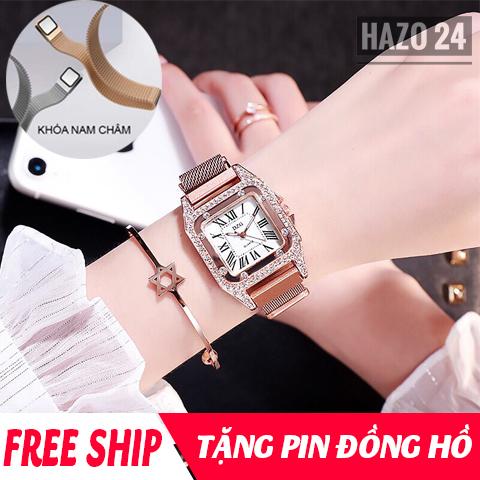 [HCM]Đồng hồ nữ đồng hồ dây kim loại nữ đồng hồ dây nam châm nữ DZG dây nam châm mặt vuông nạm đá cực sang trọng có 4 màu lựa chọn ( tặng pin )