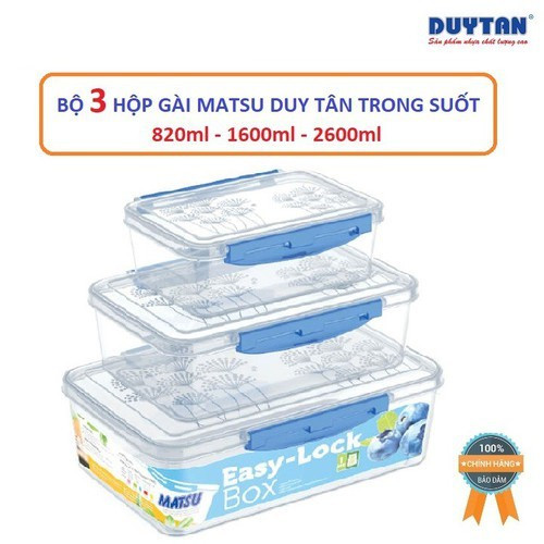 Bộ 3 Hộp Gài Matsu Trong Suốt 820ml - 1600ml - 3300ml. Bộ hộp đựng thực phẩm, các loại hạt an toàn có nắp gài