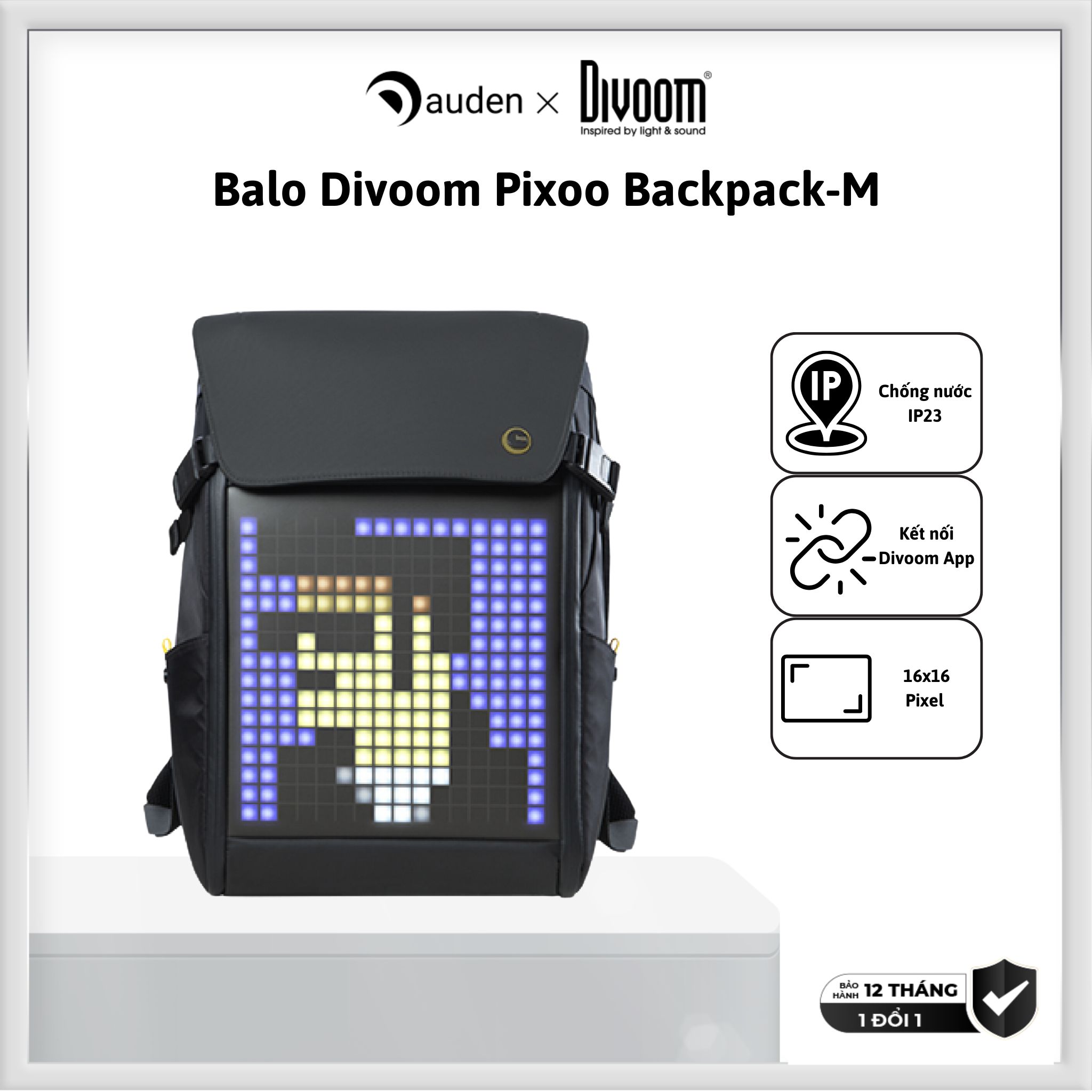 Balo DIVOOM Pixoo Backpack-M, hiển thị màn hình LED, ngăn chứa Laptop 14 inch