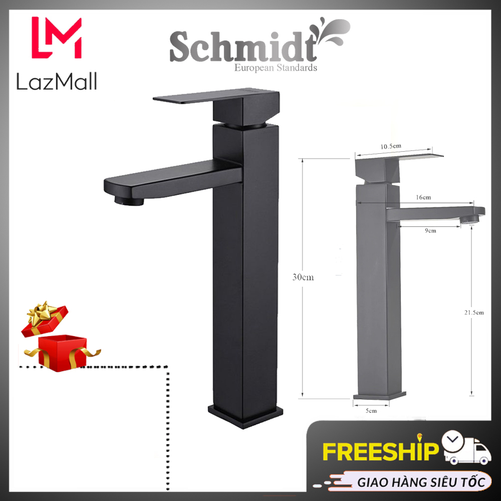 Vòi lavabo Vuông Nóng Lạnh Mạ Đen Inox 304 Schmidt - Tặng Kèm Bộ Dây Cấp Nước Nóng Lạnh 40 cm - Hàng Chính Hãng