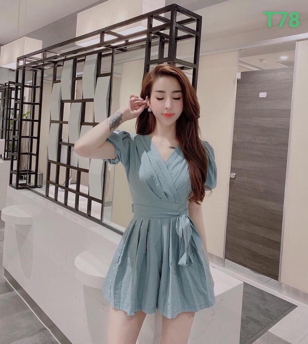 Set jum tay phồng cổ đắp cột nơ eo xếp ly siêu dễ thương -qc39