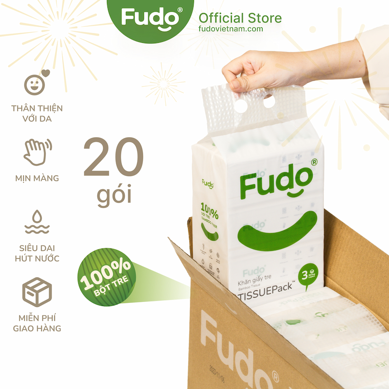 Khăn giấy khô Fudo® TISSUEPack™ từ sợi tre - Thùng 20 gói