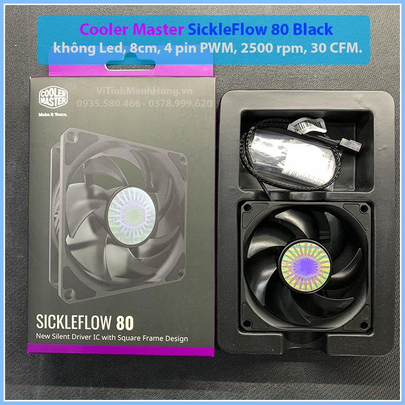 Quạt cooler master sickleflow 80 black, không led, 8cm, 4 pin pwm, 2500 rpm, 30 cfm.