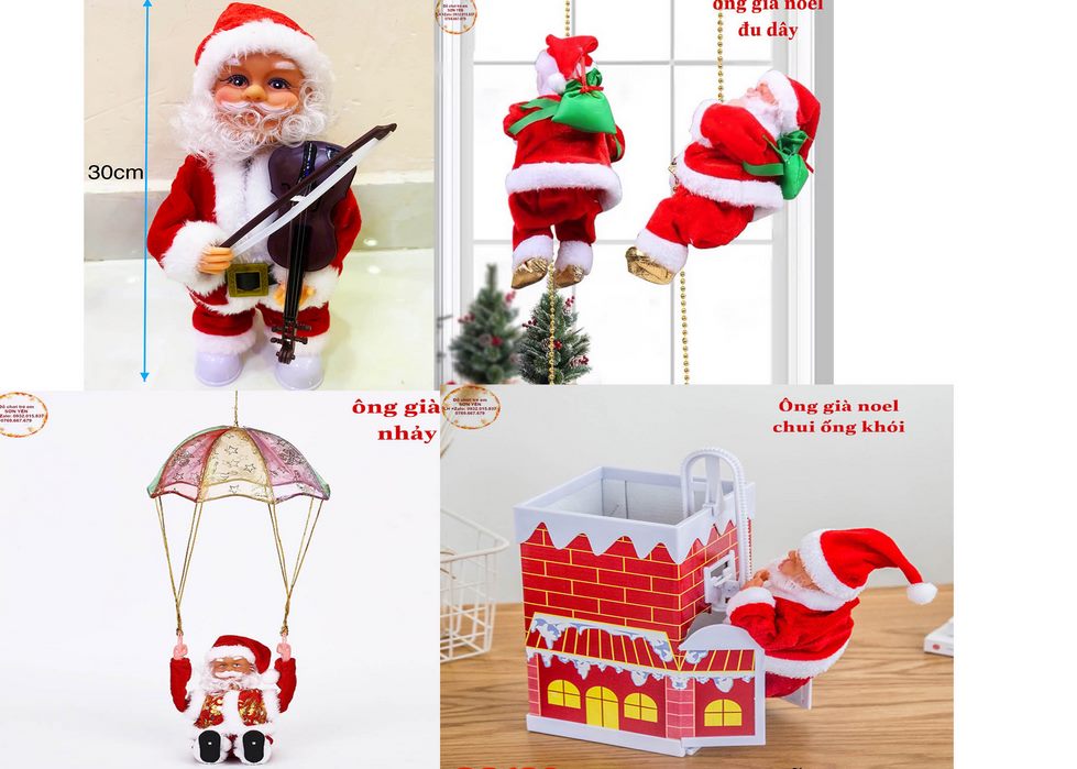 ông già noel chui ống khói, kéo đàn vĩ cầm, nhảy dù, đu dây