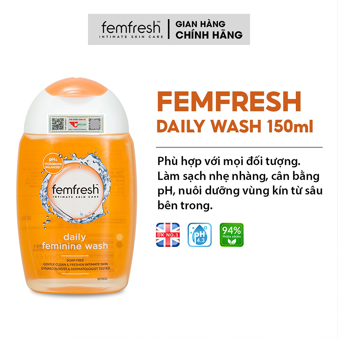 Dung Dịch Vệ Sinh Cho Vùng Kín Sạch, Thơm, Tươi Mới Suốt Ngày Dài Femfresh Daily Intimate Wash 150ml