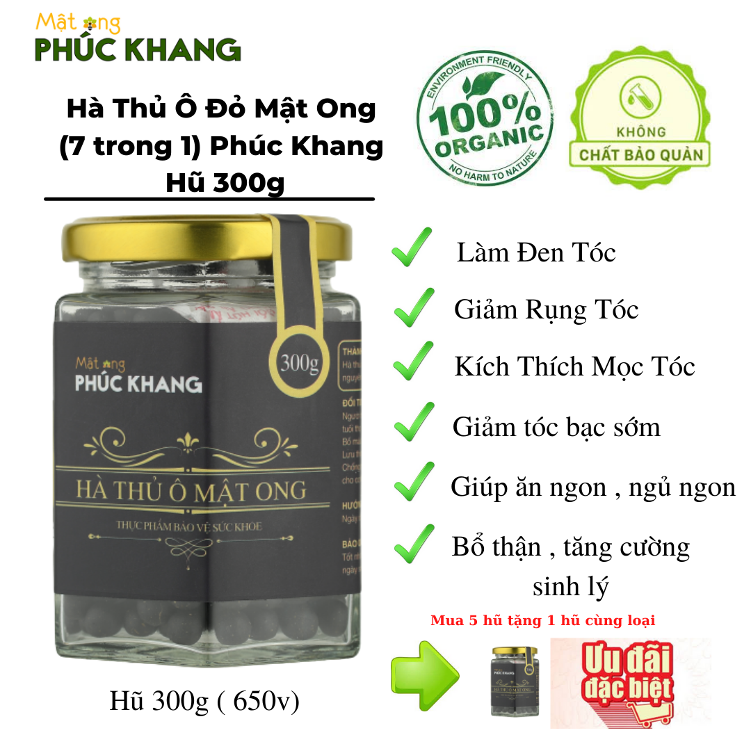 Hà thủ ô đỏ mật ong rừng Phúc Khang  (7 trong 1) - Làm đen tóc,  Giảm tóc bạc sớm , giảm rụng tóc , hói đầu , kích thích mọc tóc , giúp ăn ngon , ngủ ngon