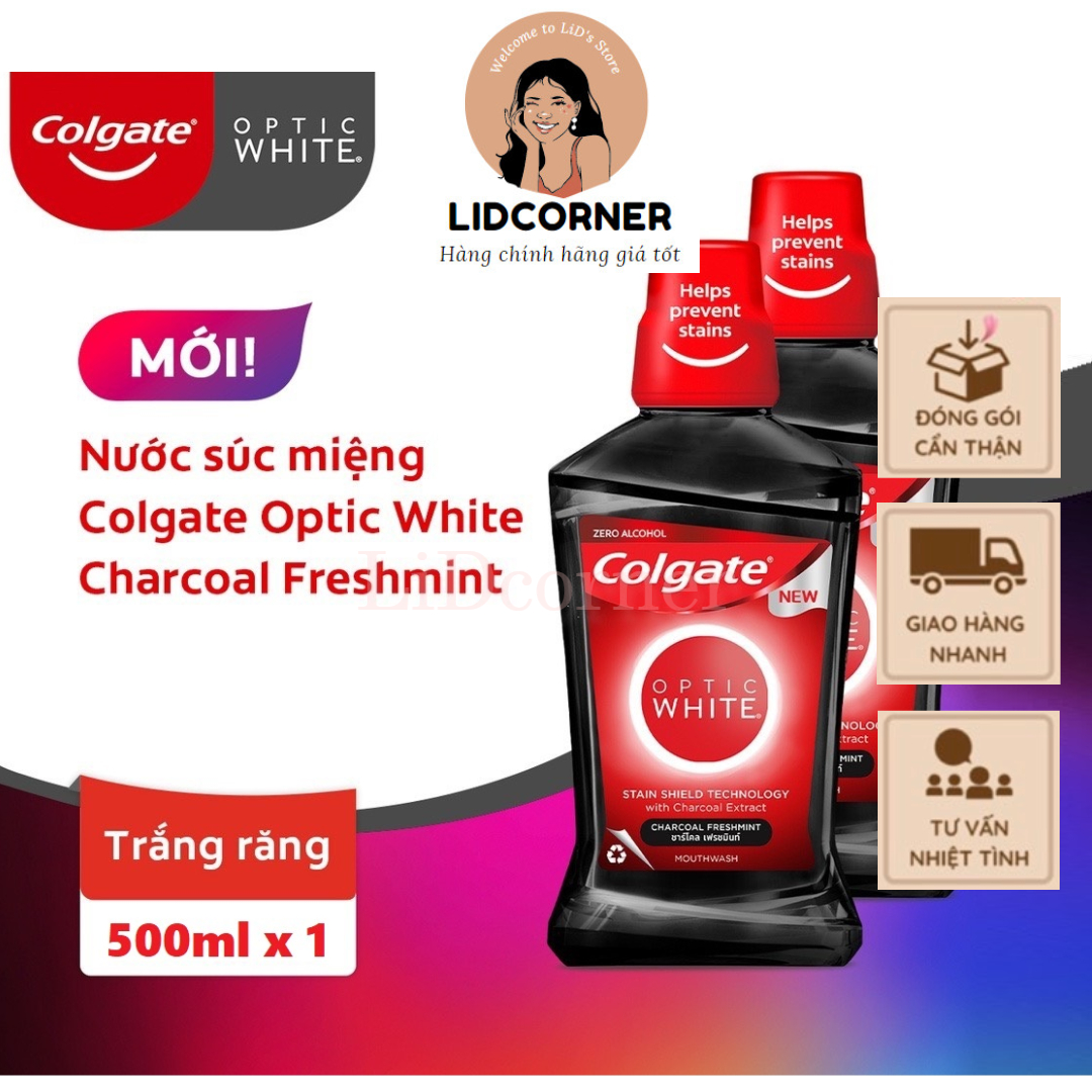 Nước súc miệng Colgate trắng răng Optic White than hoạt tính bạc hà the mát 500ml/chai