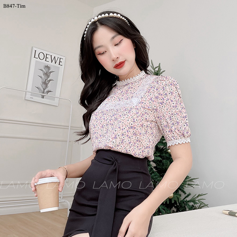 Áo sơ mi nữ kiểu hoa nhí phối ren cao cấp - b847