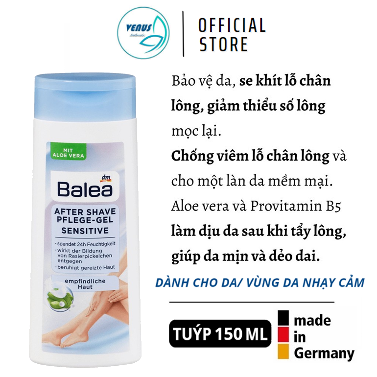 Kem dưỡng da sau cạo wax tẩy lông Balea Đức làm dịu, se khít lỗ chân lông, lông mọc chậm After Shave Pflege-Gel Sensitive cho da nhạy cảm 150ml - Nội địa Đức