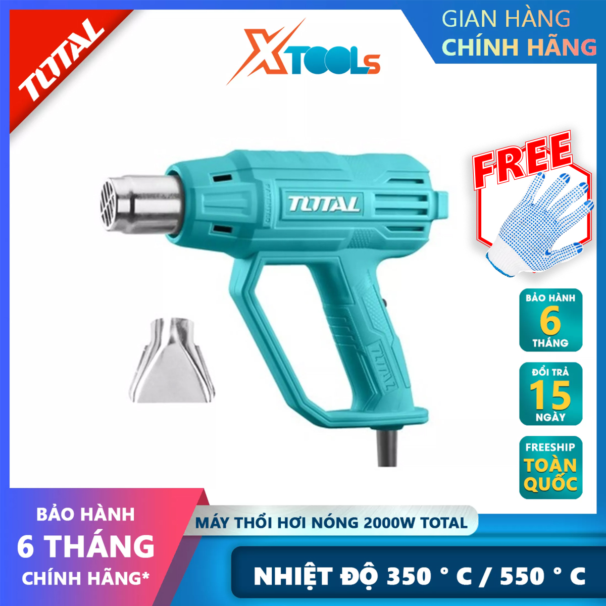 Máy thổi hơi nóng Total TB200365 Máy khò nhiệt mini Công suất 2000W Nhiệt độ 350 C / 550 Luồng khí 300/500 L/phút XTOOLs