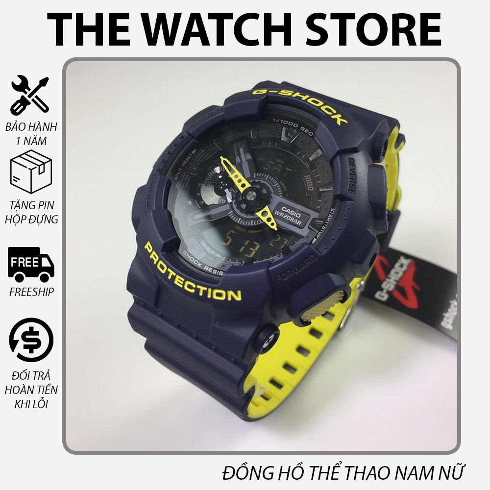 Đồng hồ Casio G-Shock Nam GA-110 Xanh Bò Chữ Vàng - Dây đeo 2 lớp 2 màu nổi bật - Chống nước 200M,Tặng kèm pin dự phòng, Bảo hành dài hạn