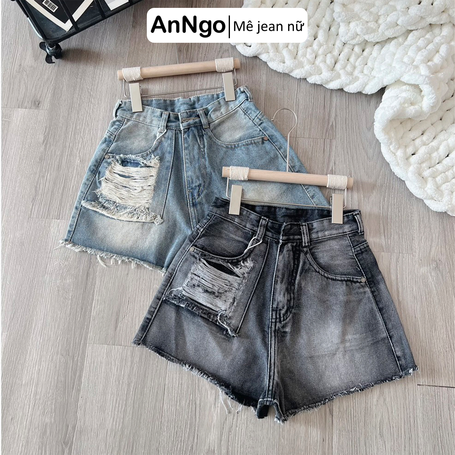 Quần short jean nữ cạp cao, loang màu túi rách cá tính Anngo - AT316