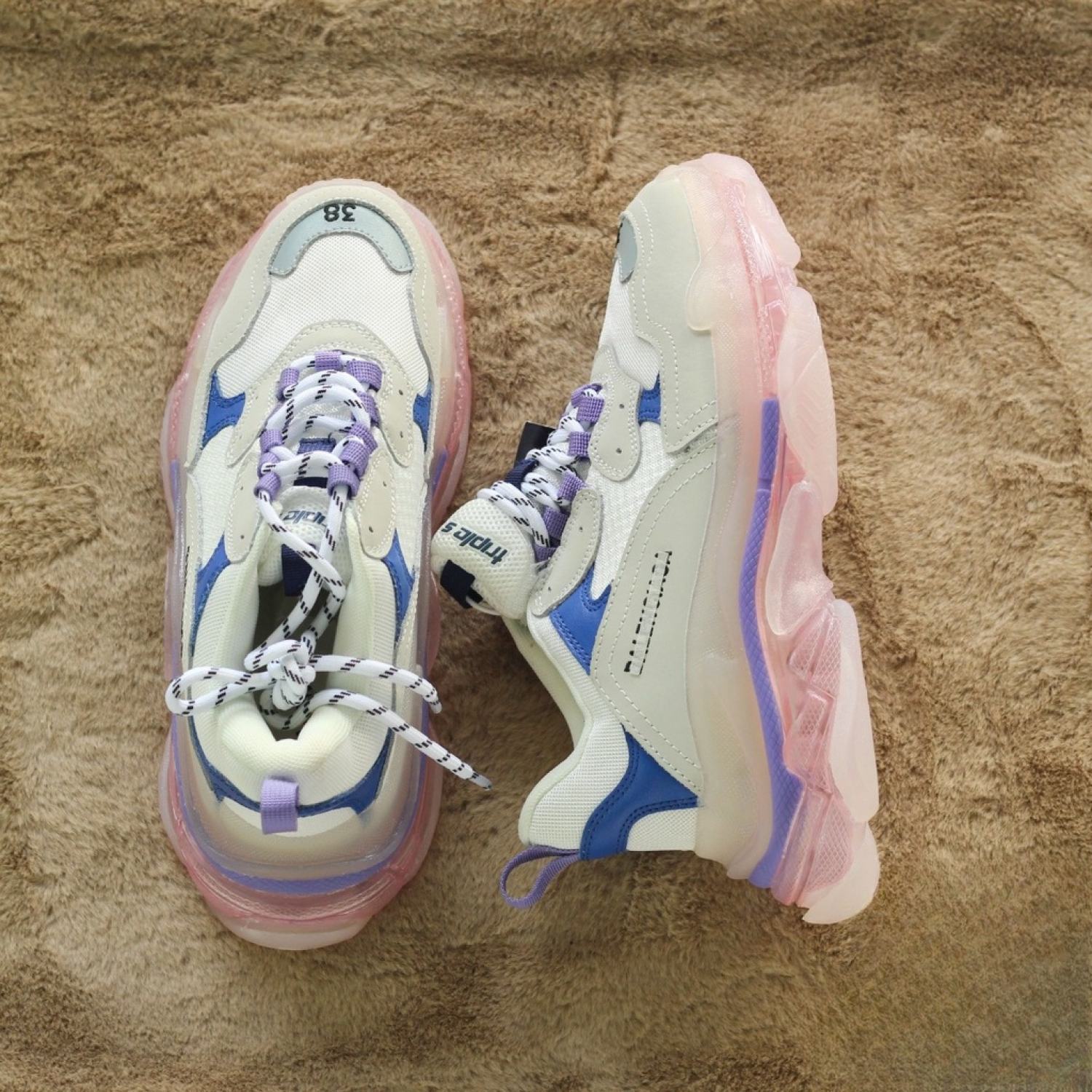 Giày sneaker nam nữ balen triple đế khí trắng xanh tím , full box pk