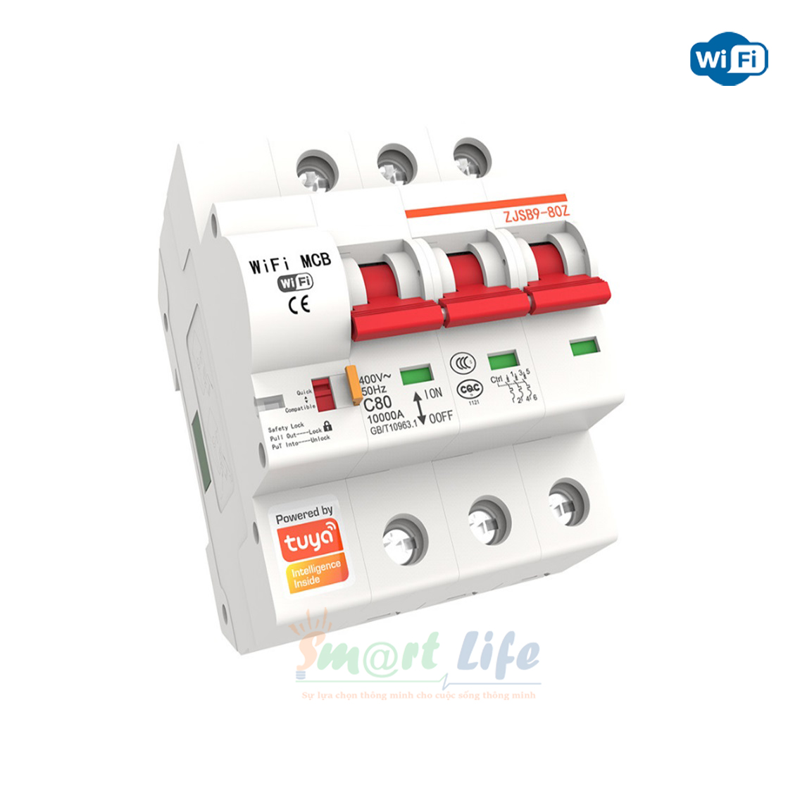 Aptomat cầu dao tổng CB thông minh wifi qua App Smart life Tuya, Công suất 80A - 1P, 2P, 3P Điều khiển giọng nói