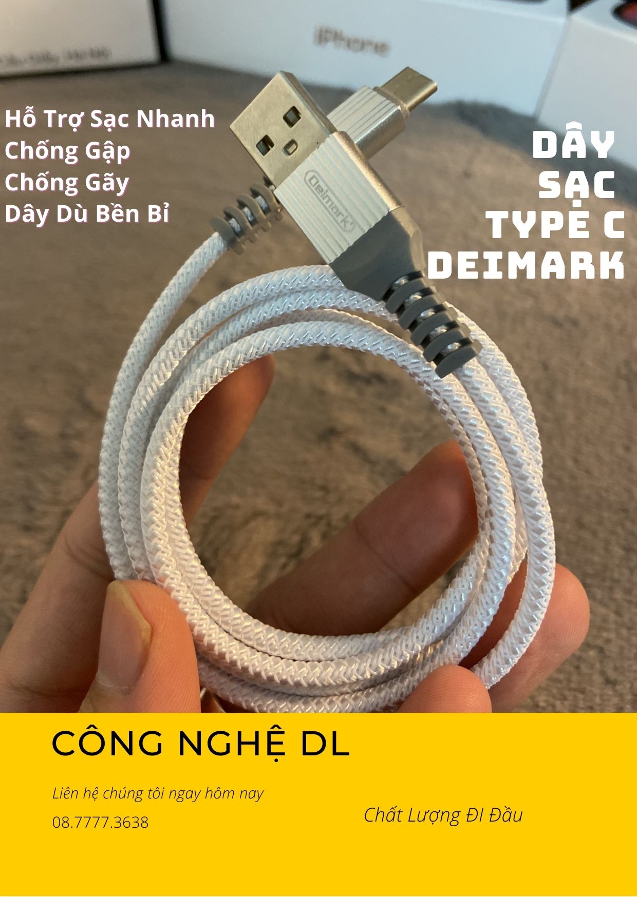 Dây dù type c deimark hỗ trợ sạc nhanh quick charge 2.0 3.0