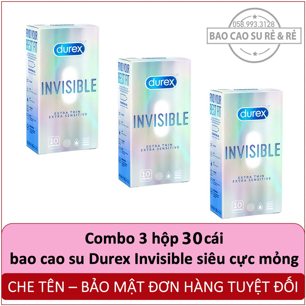 Combo 3 hộp 30 cái bao cao su siêu cực mỏng durex invisible