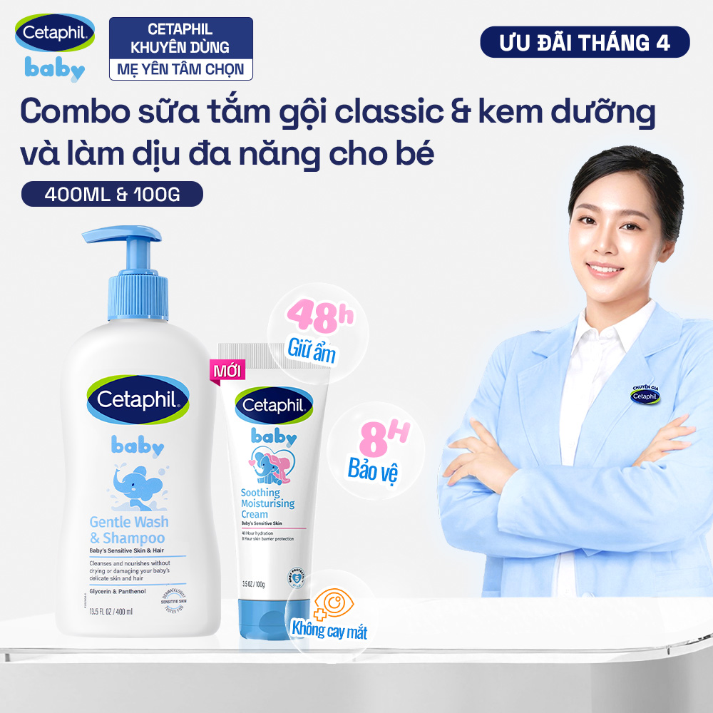 Combo Sữa tắm gội dịu lành cho bé CETAPHIL BABY GENTLE WASH  SHAMPOO 400ML  Kem làm dịu và dưỡng ẩm cho bé Cetaphil Baby Soothing  Moisturising Cream tuýp 100g