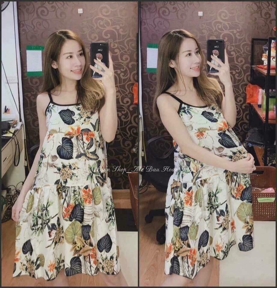 Váy lanh 2 dây hoa lá (Màu Be)