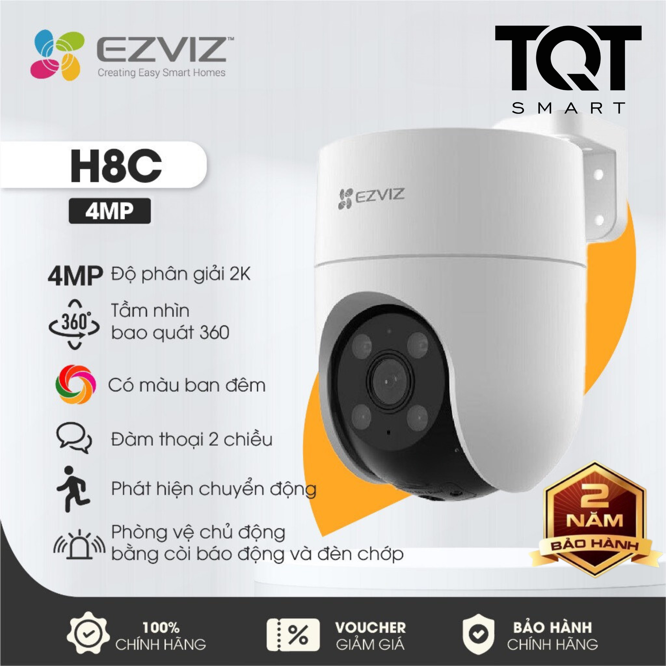 Camera Wifi Ngoài Trời EZVIZ H8C 4MP 2K Quay Quét 360 Độ Tích Hợp AI Đàm Thoại 2 Chiều Có Màu Ban Đêm TQT Smart