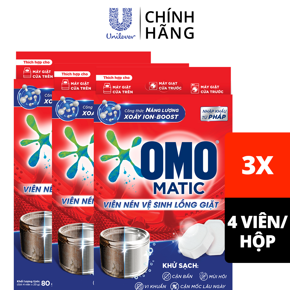 Combo 3 hộp Viên nén vệ sinh lồng giặt OMO Matic nhập khẩu từ Pháp