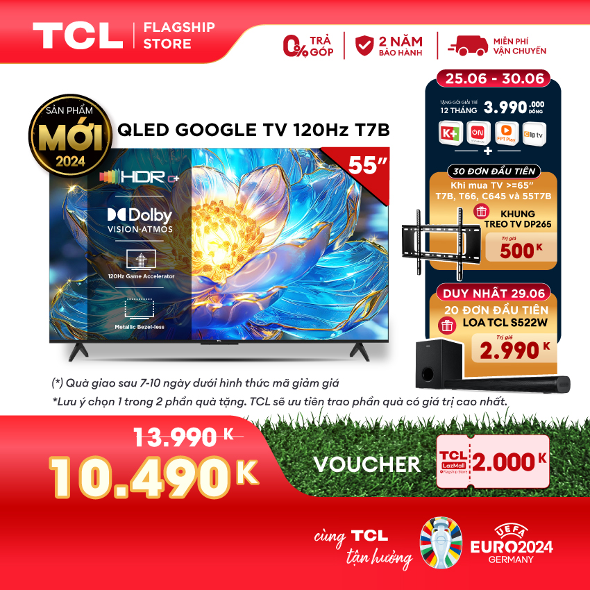 [ SIÊU DEAL BÙNG NỔ 25.30-6 - 10490K TẶNG GIÁ TREO DP265 ] QLED TV TCL 4K 120hz - Tivi 55" 55T7B - Google TV - Hàng Chính Hãng - Bảo Hành 2 Năm
