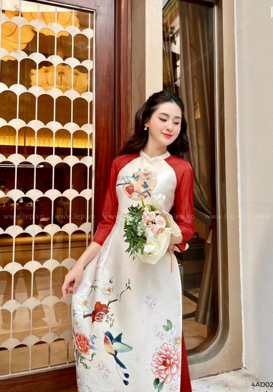 Sét áo dài vân gấm truyền thống in họa tiết