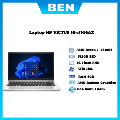Laptop hp victus 16-e1104ax | đen| amd ryzen 7- 6800h / ram 8gb | 512gb ssd | nvidia geforce rtx 3050 4gb | 16.1inch fhd | 144hz | win 11sl | bh 12 tháng